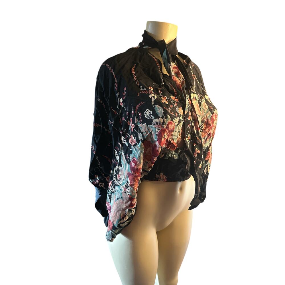 Vintage Women M Rock Candy California Black Floral Blouse Shirt Top Kimono Slv